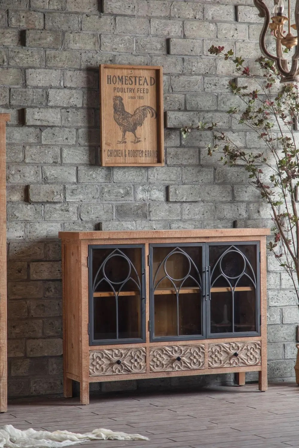 Rustic Wooden Cabinet with Glass Doors and Metal Accents