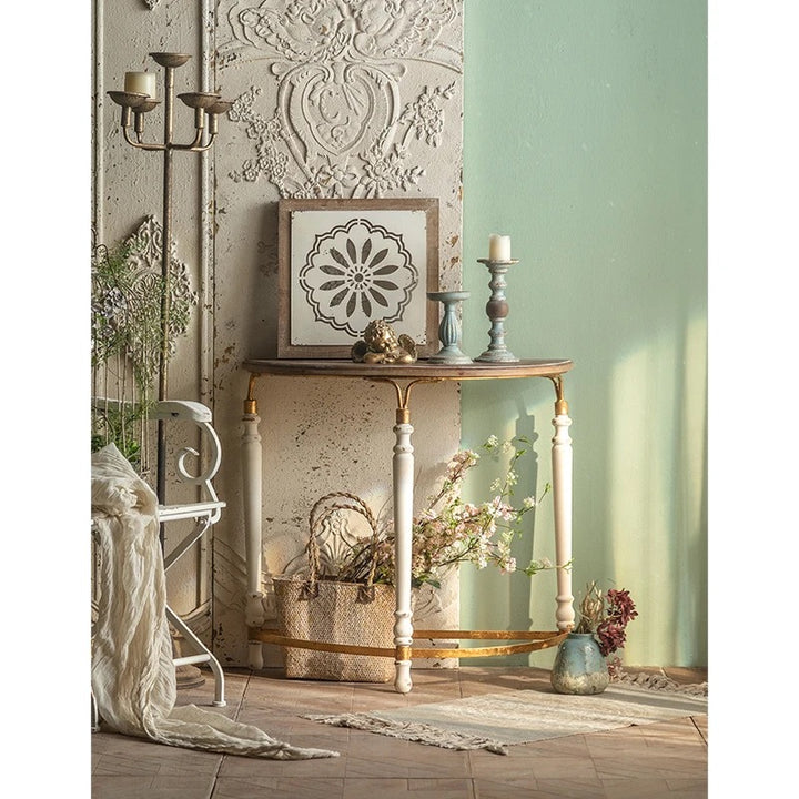 Classic Half-Moon Wooden Console Table with White Legs and Gold Accents