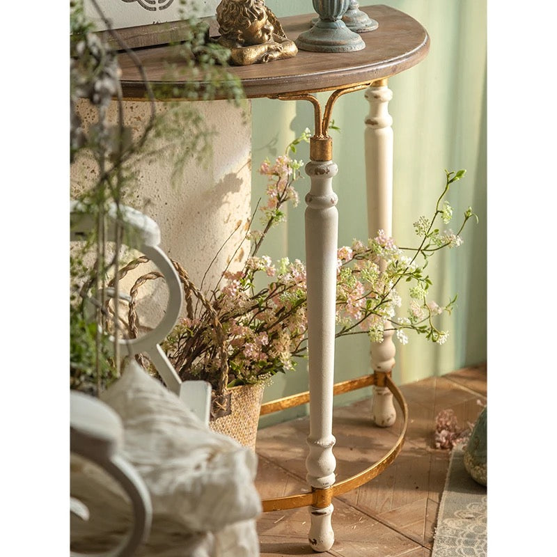 Classic Half-Moon Wooden Console Table with White Legs and Gold Accents