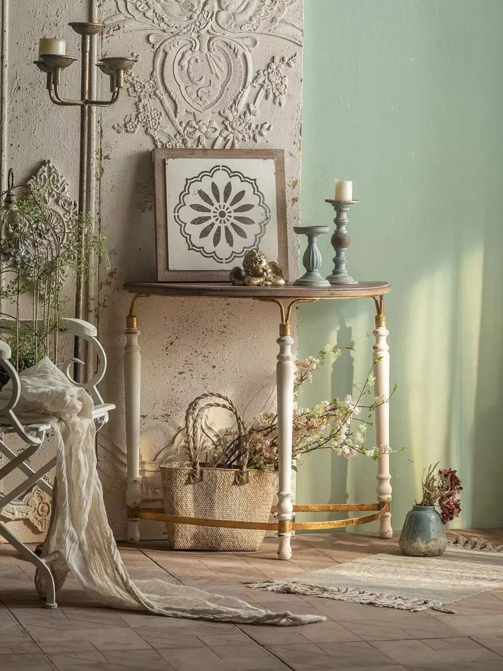 Classic Half-Moon Wooden Console Table with White Legs and Gold Accents