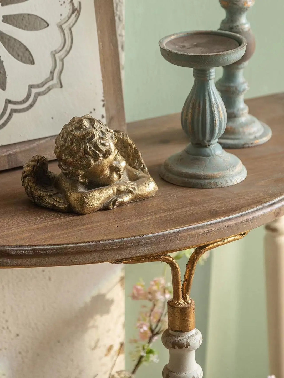 Classic Half-Moon Wooden Console Table with White Legs and Gold Accents