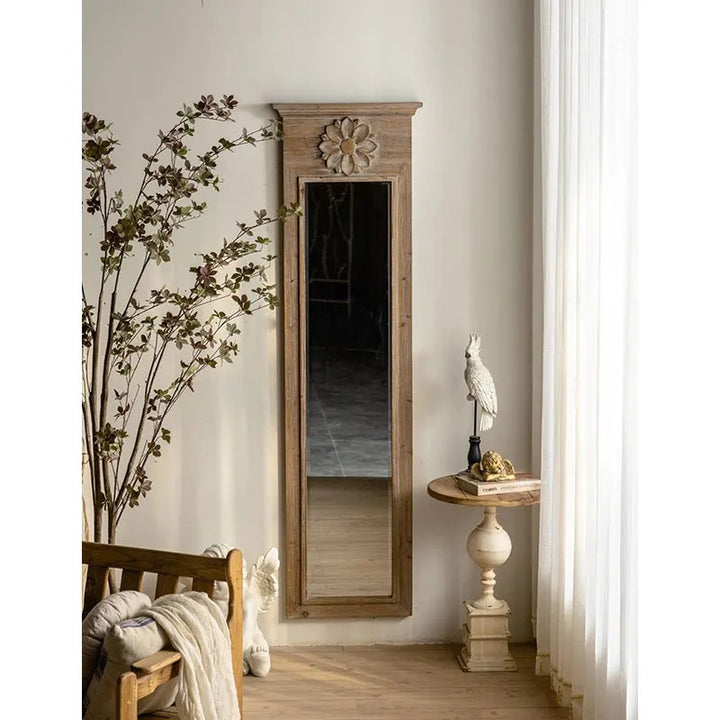 Tall Wooden Wall Mirror with Floral Accent