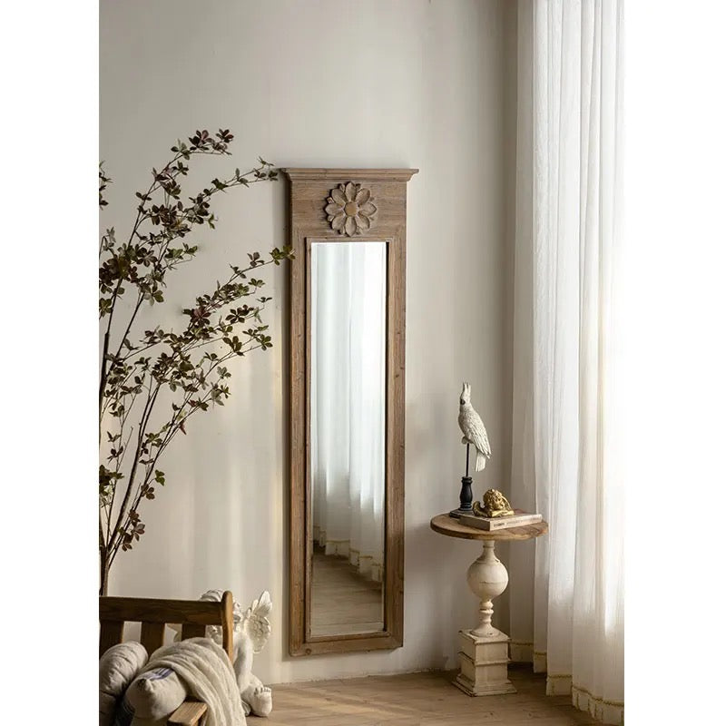 Tall Wooden Wall Mirror with Floral Accent