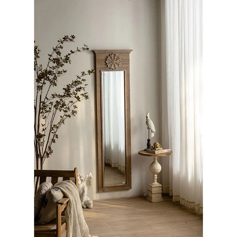 Tall Wooden Wall Mirror with Floral Accent