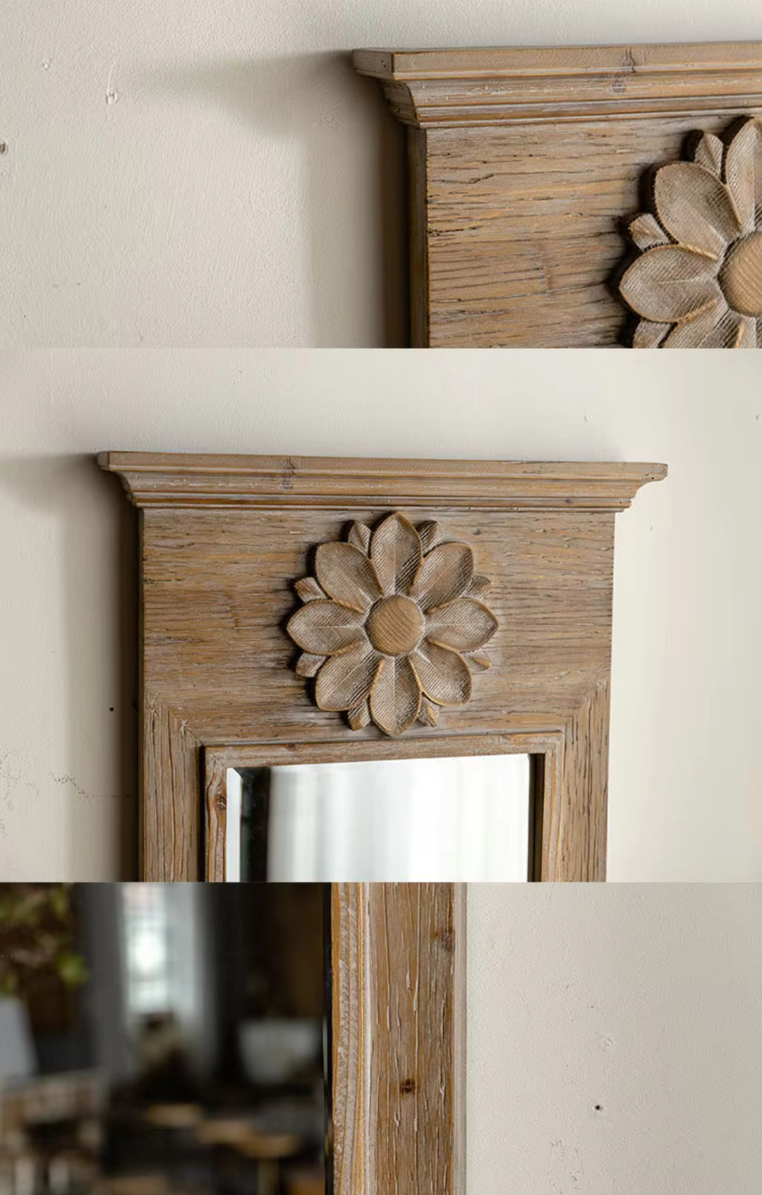 Tall Wooden Wall Mirror with Floral Accent