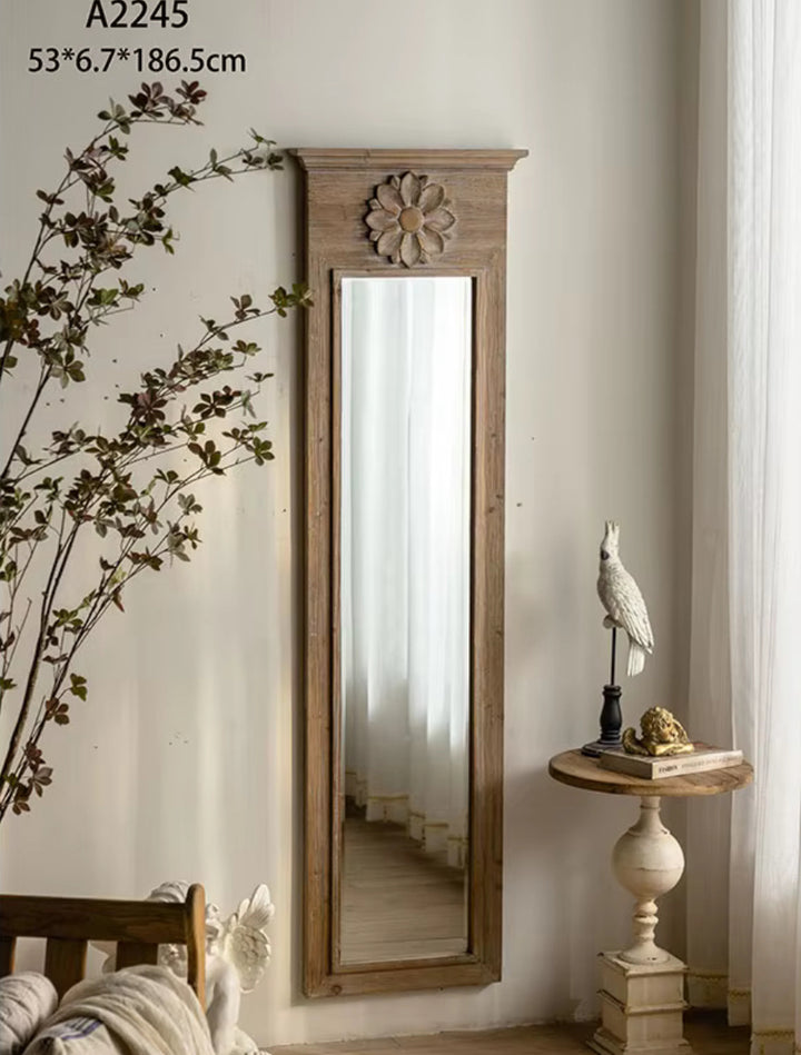 Tall Wooden Wall Mirror with Floral Accent