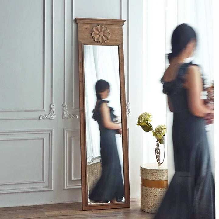 Tall Wooden Wall Mirror with Floral Accent