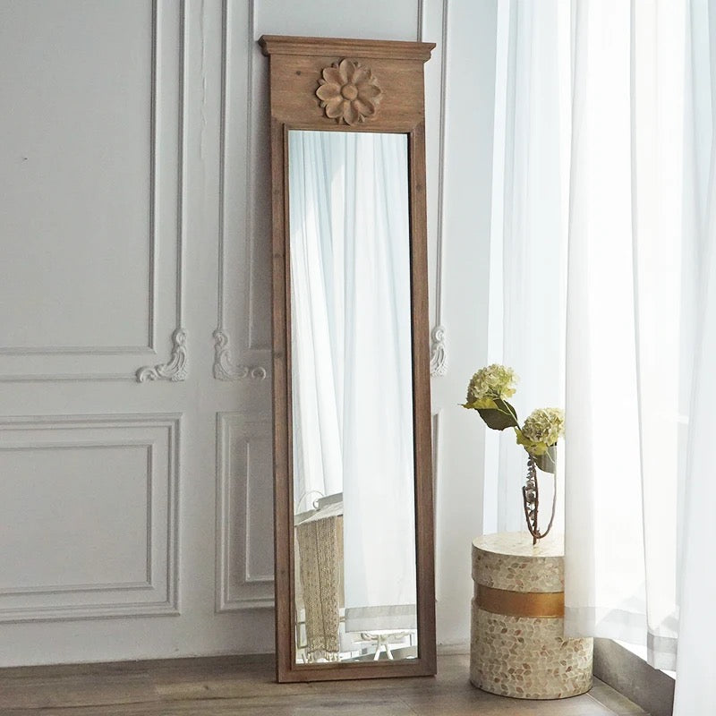 Tall Wooden Wall Mirror with Floral Accent