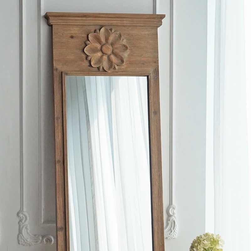 Tall Wooden Wall Mirror with Floral Accent