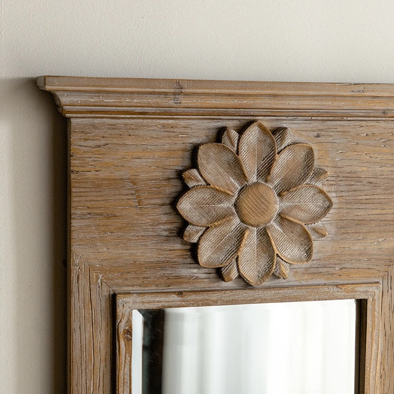 Tall Wooden Wall Mirror with Floral Accent