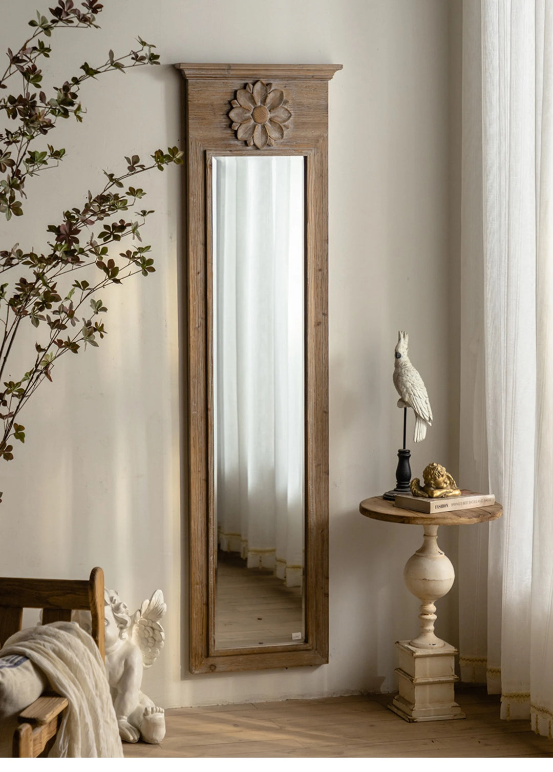 Tall Wooden Wall Mirror with Floral Accent