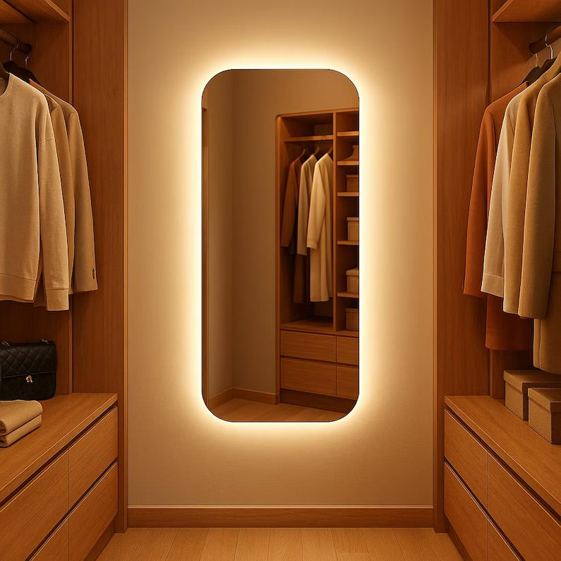 Modern walk-in closet with wooden furniture, a large mirror, and clothing.