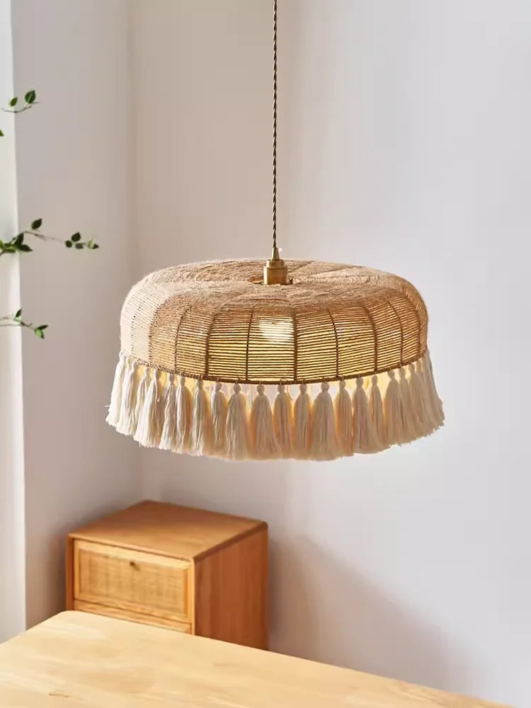 Boho Fringe Pendant Light Woven Hemp Rope Design