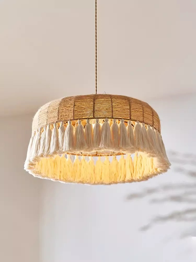 Boho Fringe Pendant Light Woven Hemp Rope Design