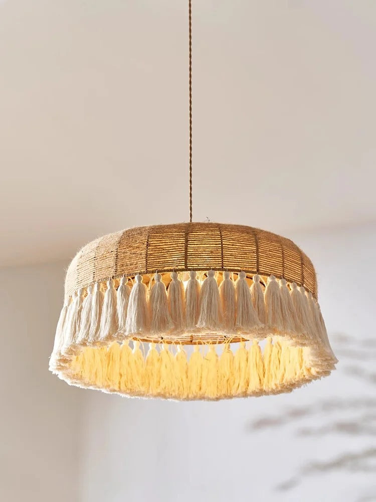 Boho Fringe Pendant Light Woven Hemp Rope Design