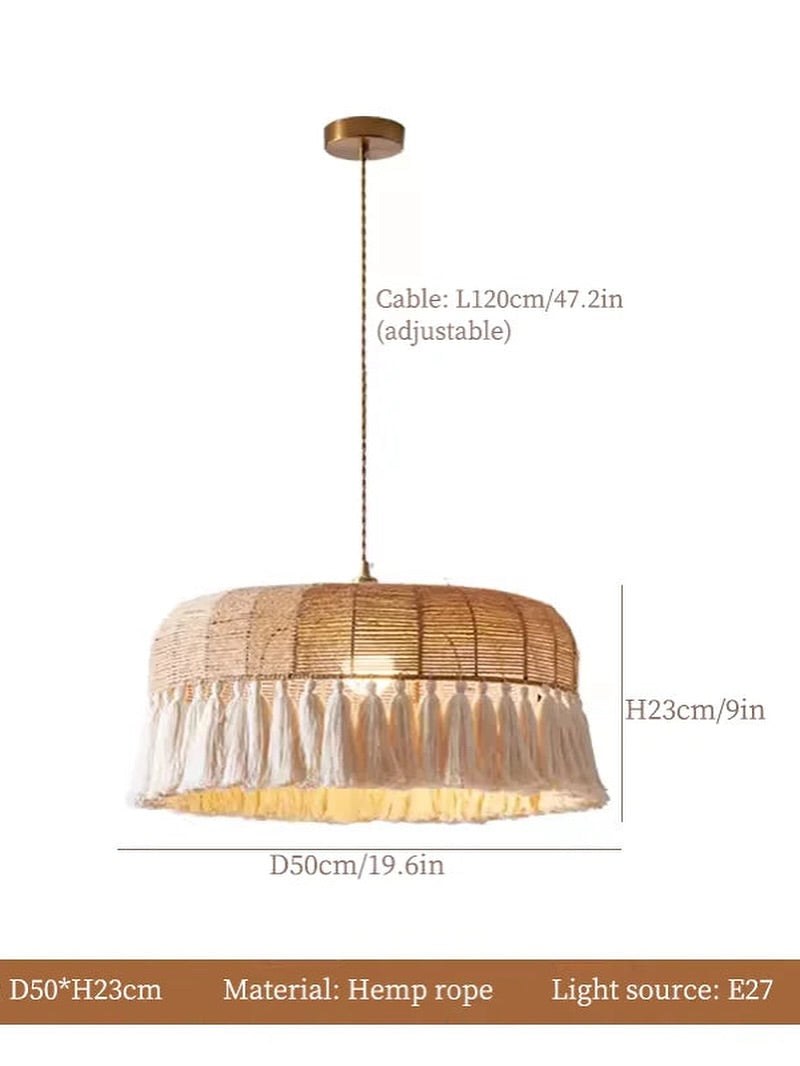 Boho Fringe Pendant Light Woven Hemp Rope Design