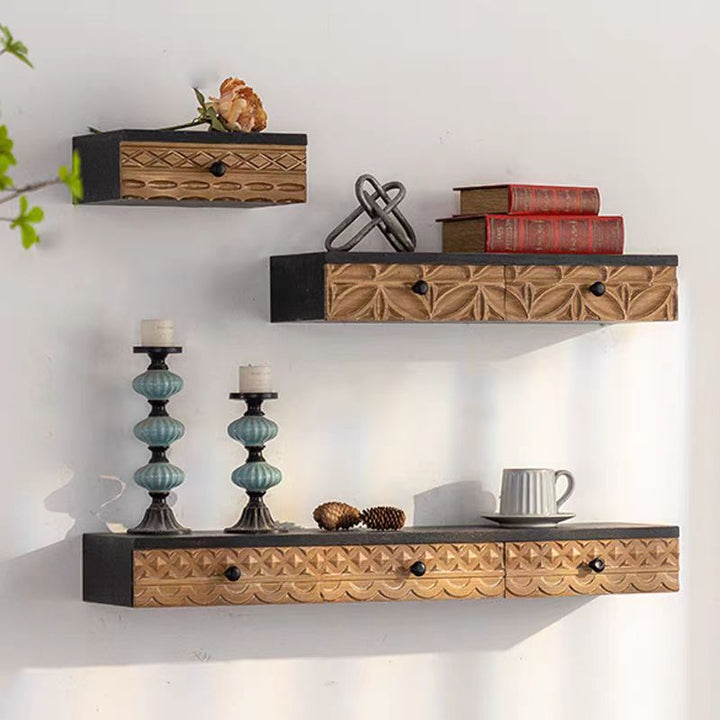 Hand-Carved Wood Floating Shelf with Drawers