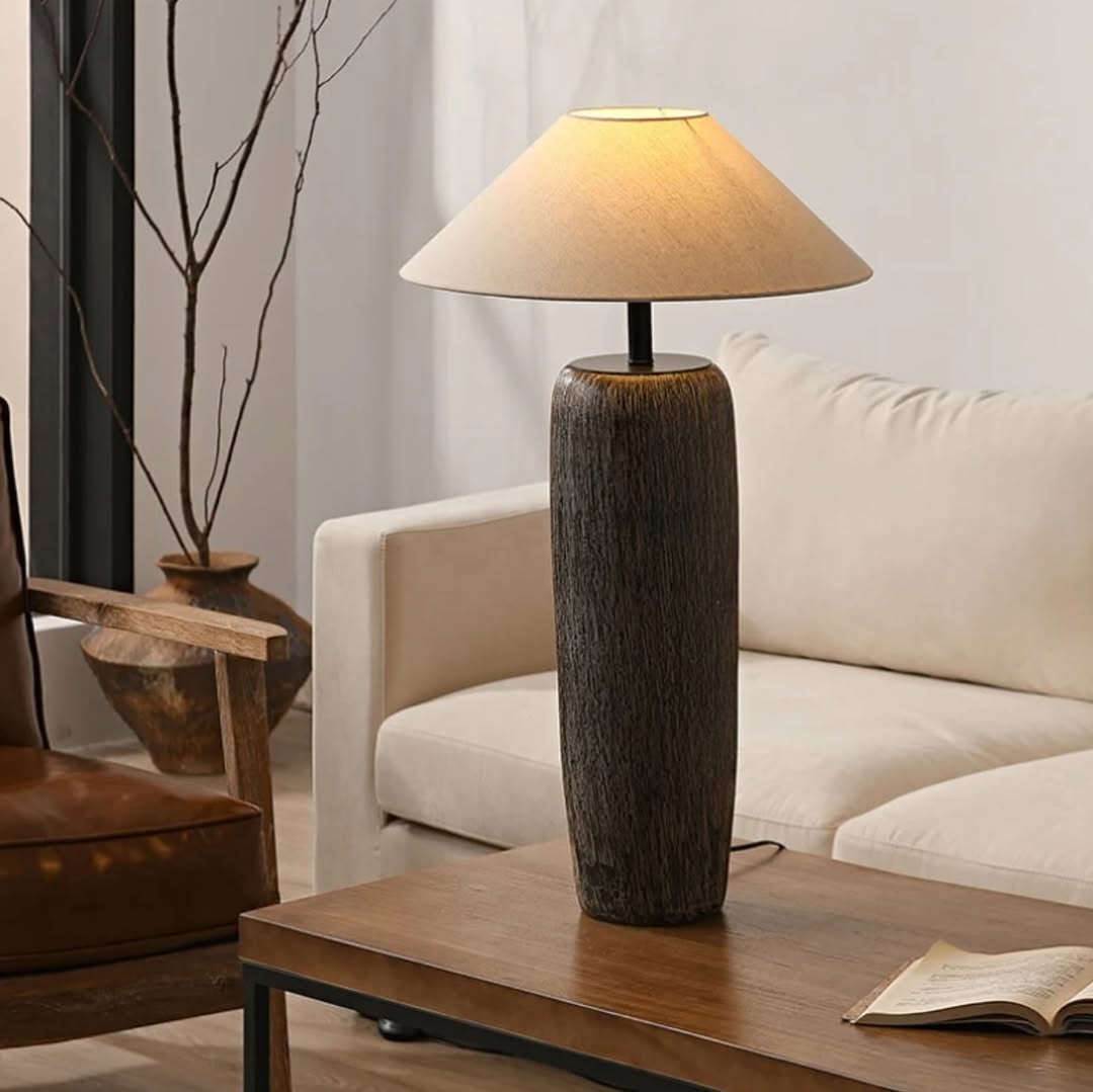 Rustic Floor & Table Lamp Set Textured Wood Look