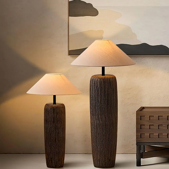 Rustic Floor & Table Lamp Set Textured Wood Look