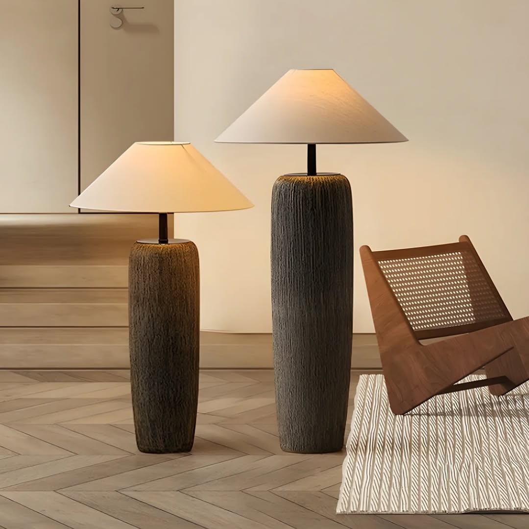 Rustic Floor & Table Lamp Set Textured Wood Look