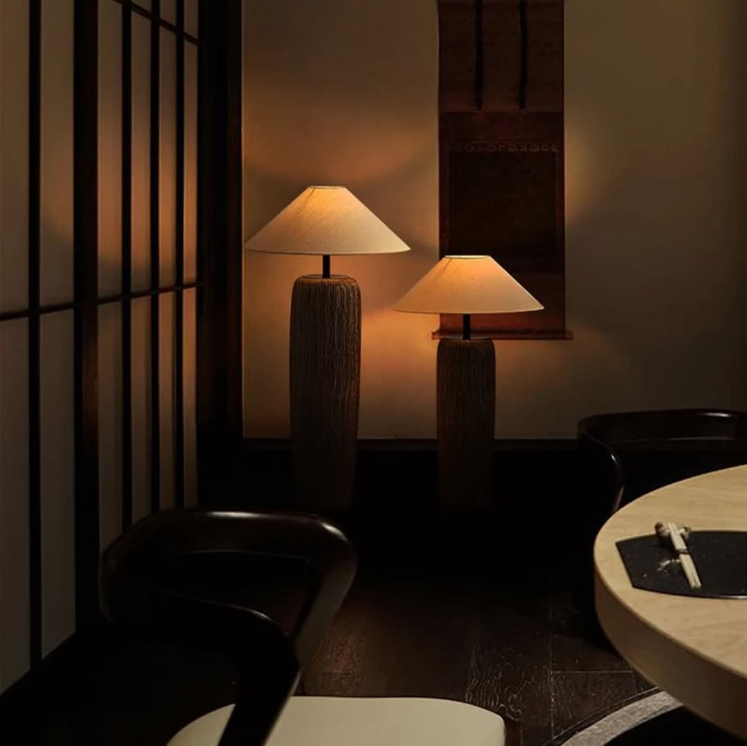 Rustic Floor & Table Lamp Set Textured Wood Look