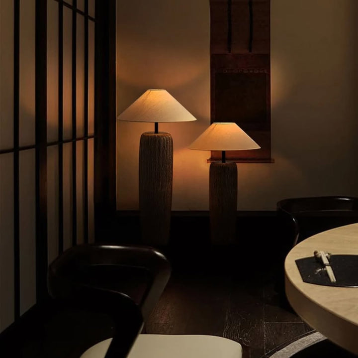 Rustic Floor & Table Lamp Set Textured Wood Look