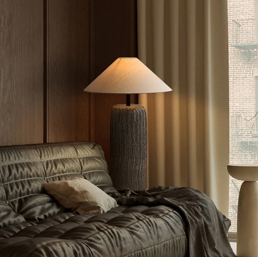 Rustic Floor & Table Lamp Set Textured Wood Look
