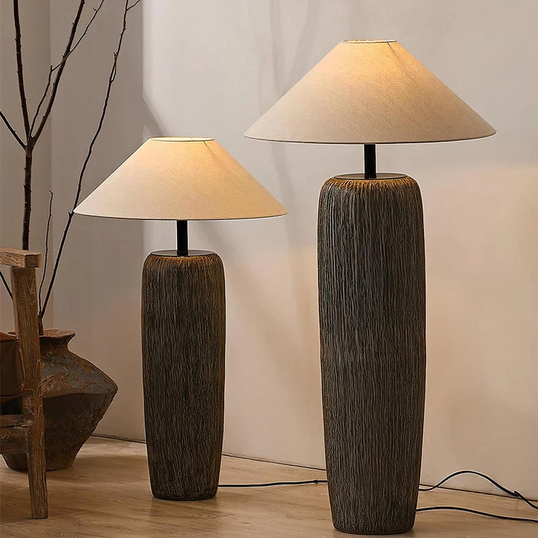 Rustic Floor & Table Lamp Set Textured Wood Look