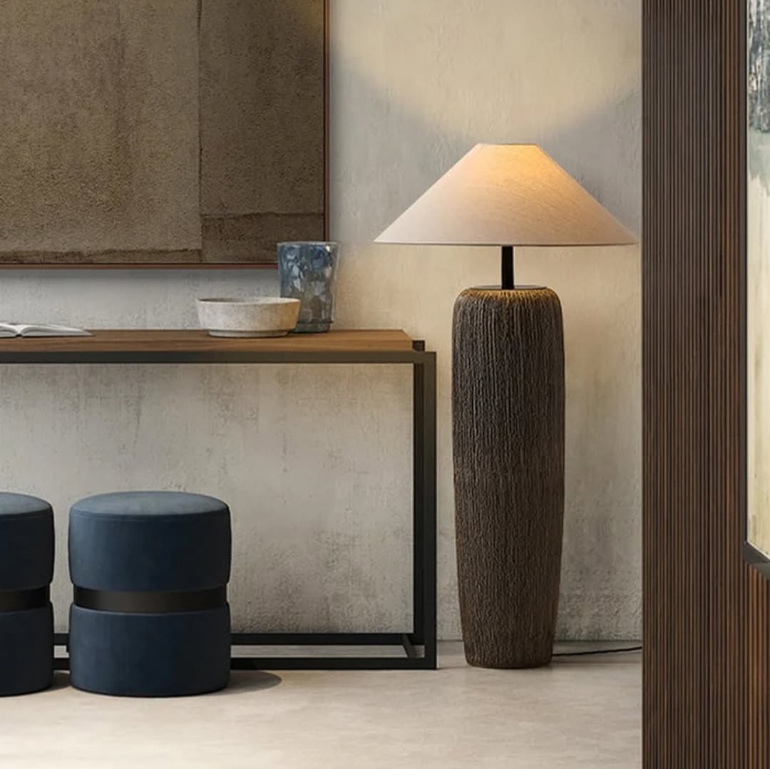 Rustic Floor & Table Lamp Set Textured Wood Look