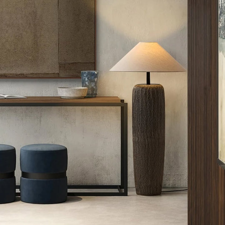 Rustic Floor & Table Lamp Set Textured Wood Look