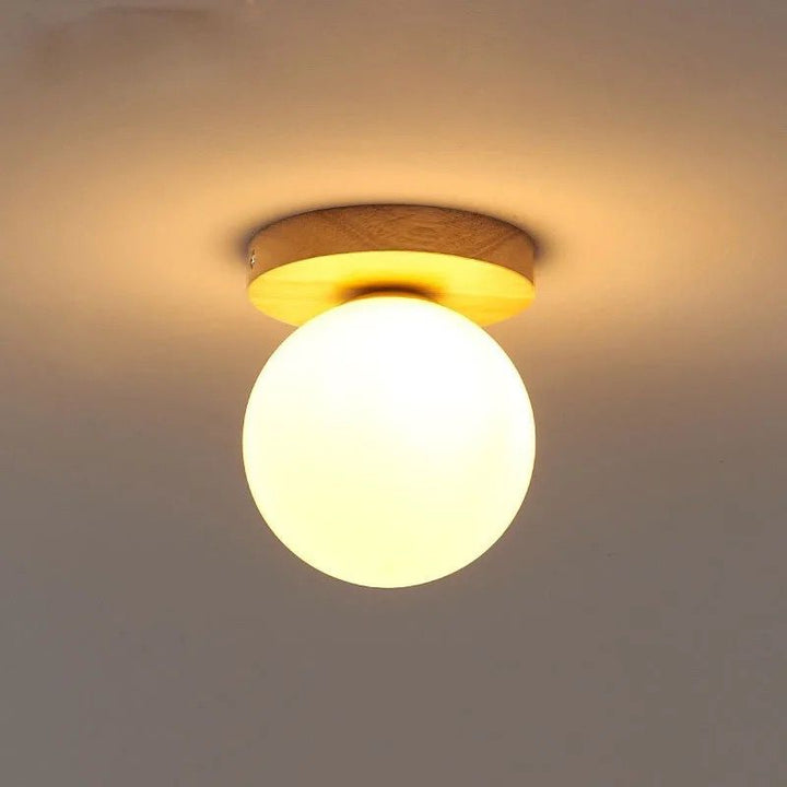 Modern Wooden Base Ceiling Light with Frosted Glass Globe