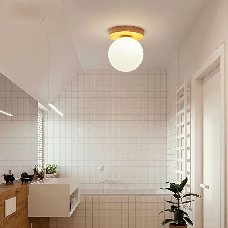 Modern Wooden Base Ceiling Light with Frosted Glass Globe