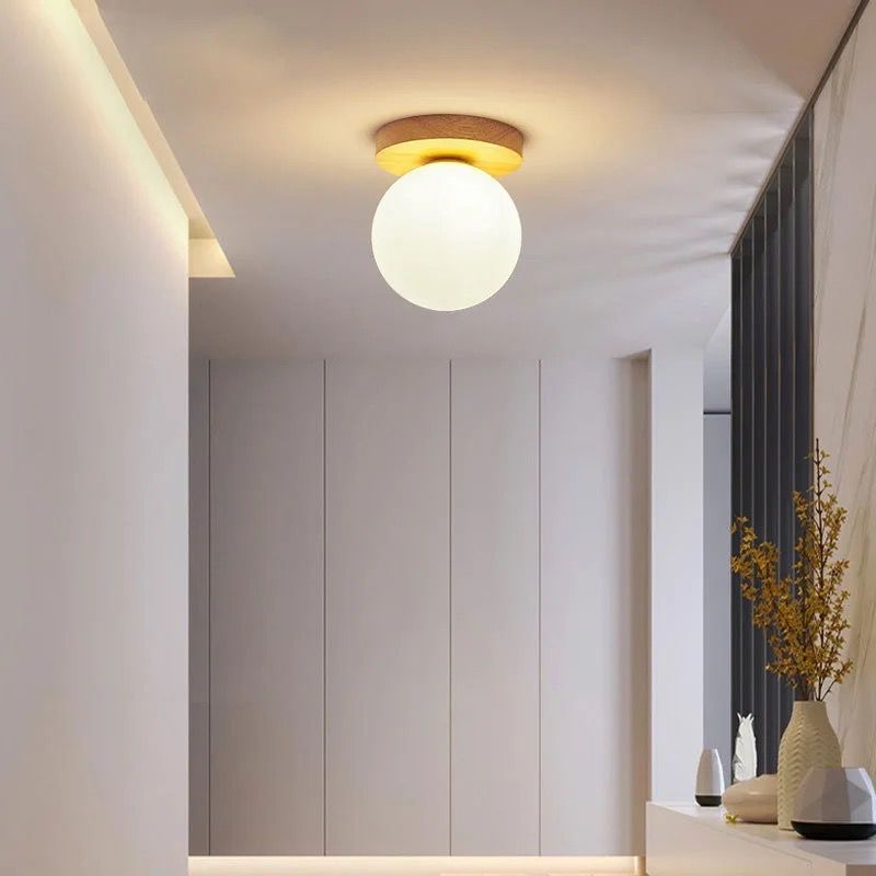 Modern Wooden Base Ceiling Light with Frosted Glass Globe