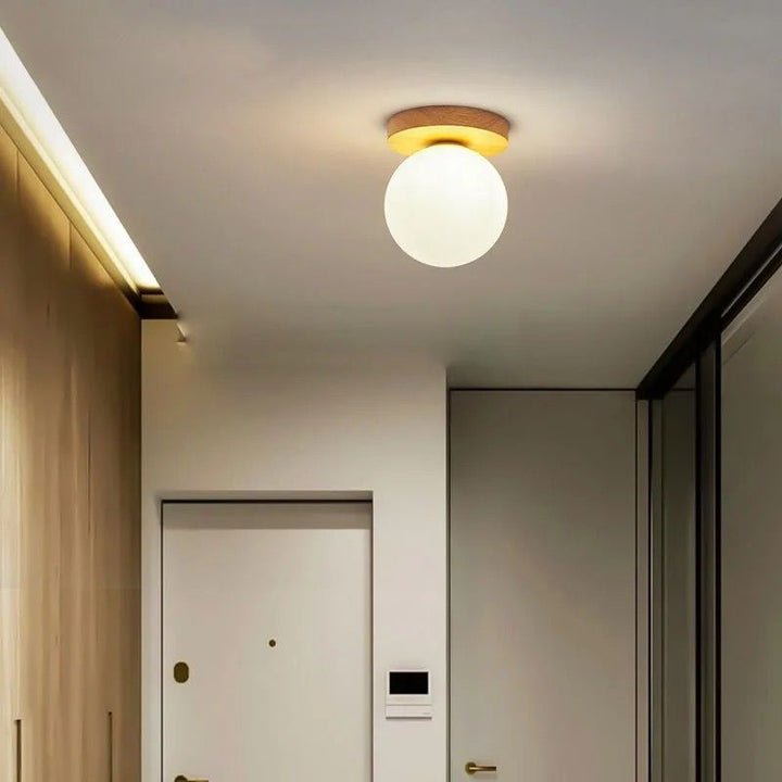 Modern Wooden Base Ceiling Light with Frosted Glass Globe