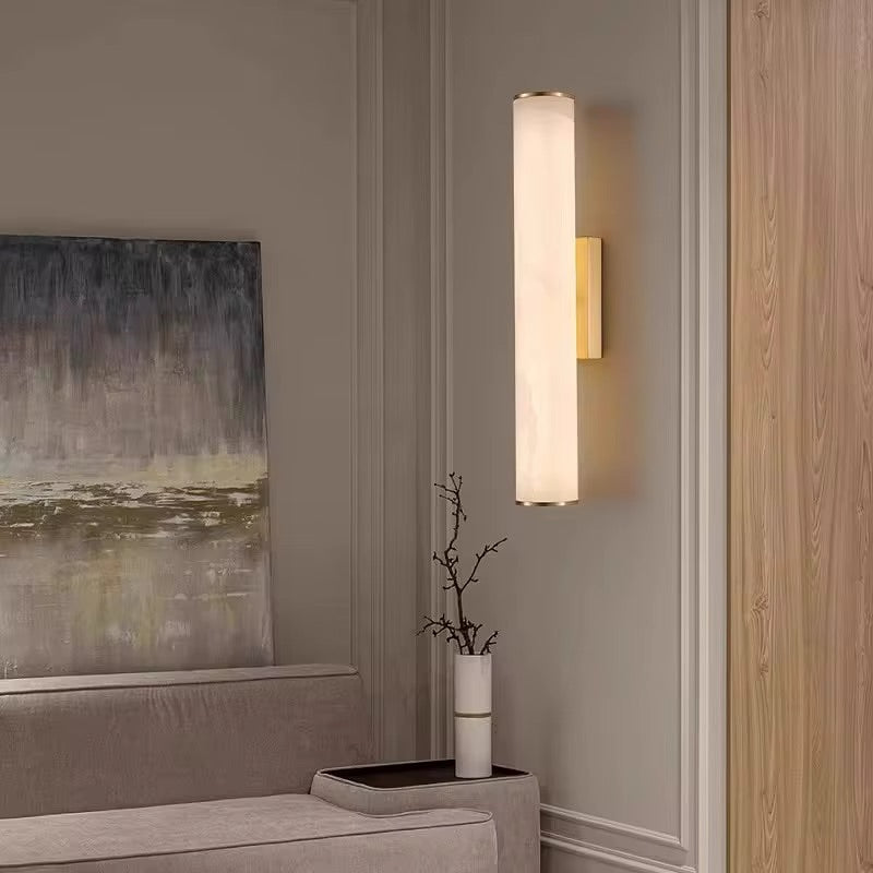 Luxury Wall Light - Vertical Stone-Effect Cylinder with Brass Base