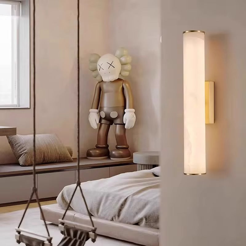 Luxury Wall Light - Vertical Stone-Effect Cylinder with Brass Base