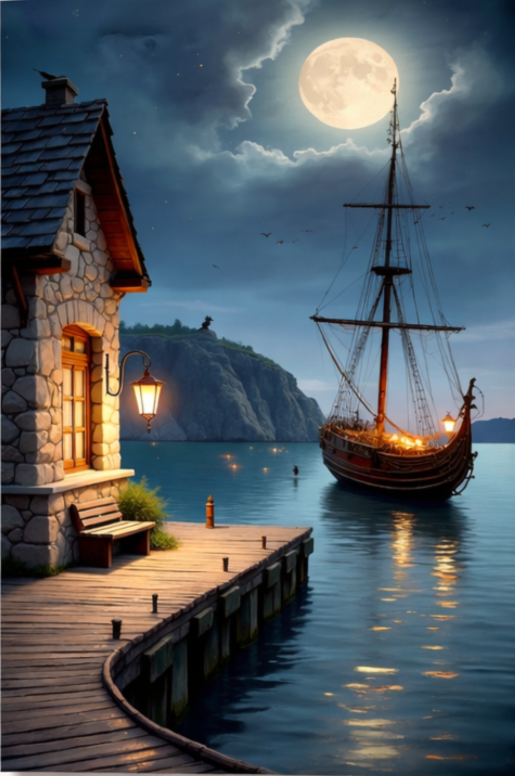 Moonlit Harbor Framed