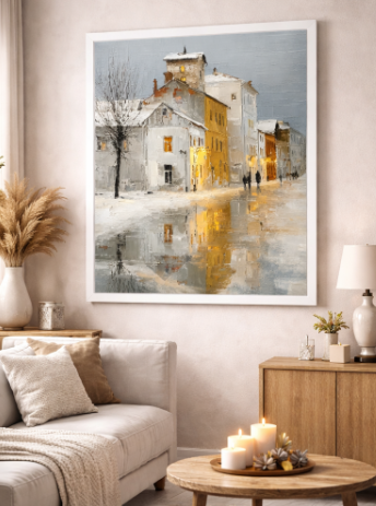 Snowy City Reflection Canvas