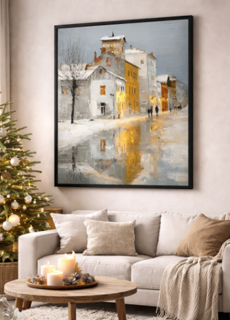 Snowy City Reflection Canvas