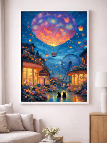 Dreamy Night Balloon Town Canvas