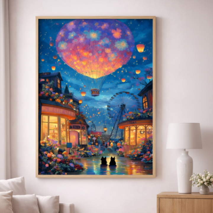 Dreamy Night Balloon Town Canvas