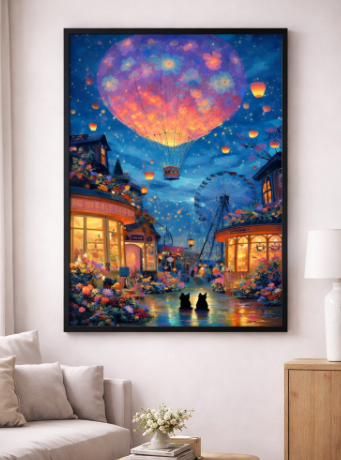 Dreamy Night Balloon Town Canvas
