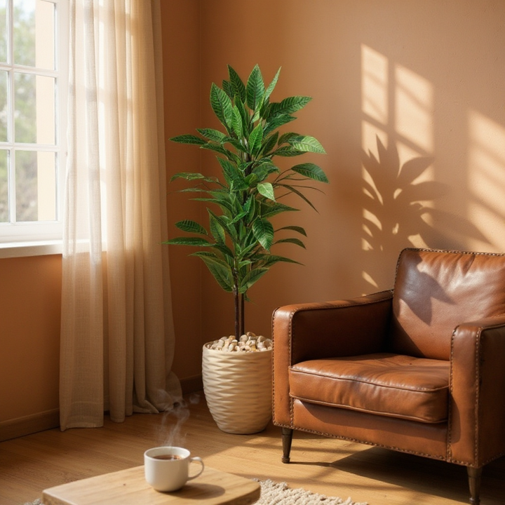 Artificial Broad Leaf Tree in Tall White Textured Pot