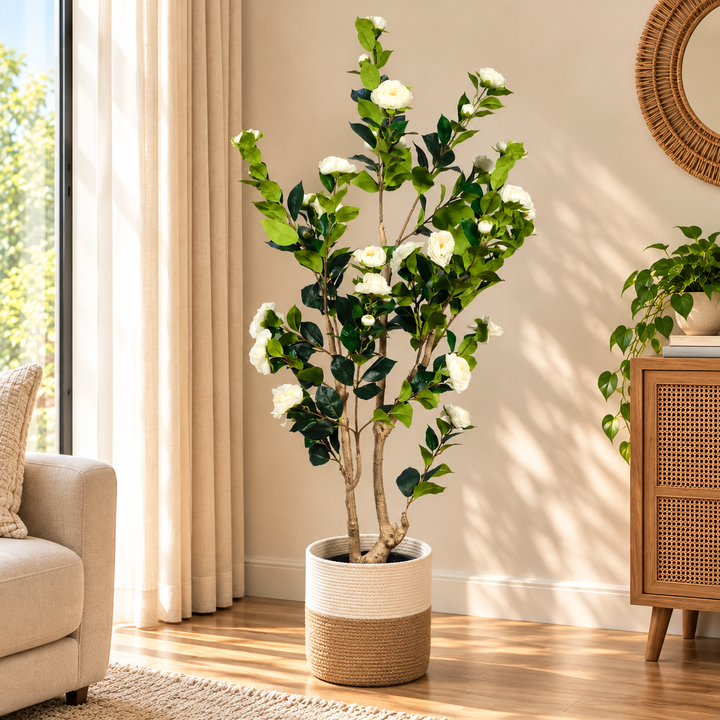 Artificial White Flowering Tree – 150 cm | Two-Tone Woven Planter