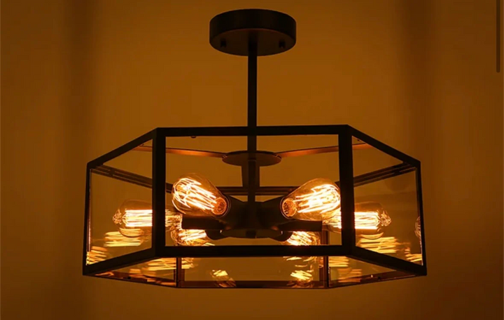 Industrial Semi-Flush Mount Ceiling Light with Glass and Metal Frame