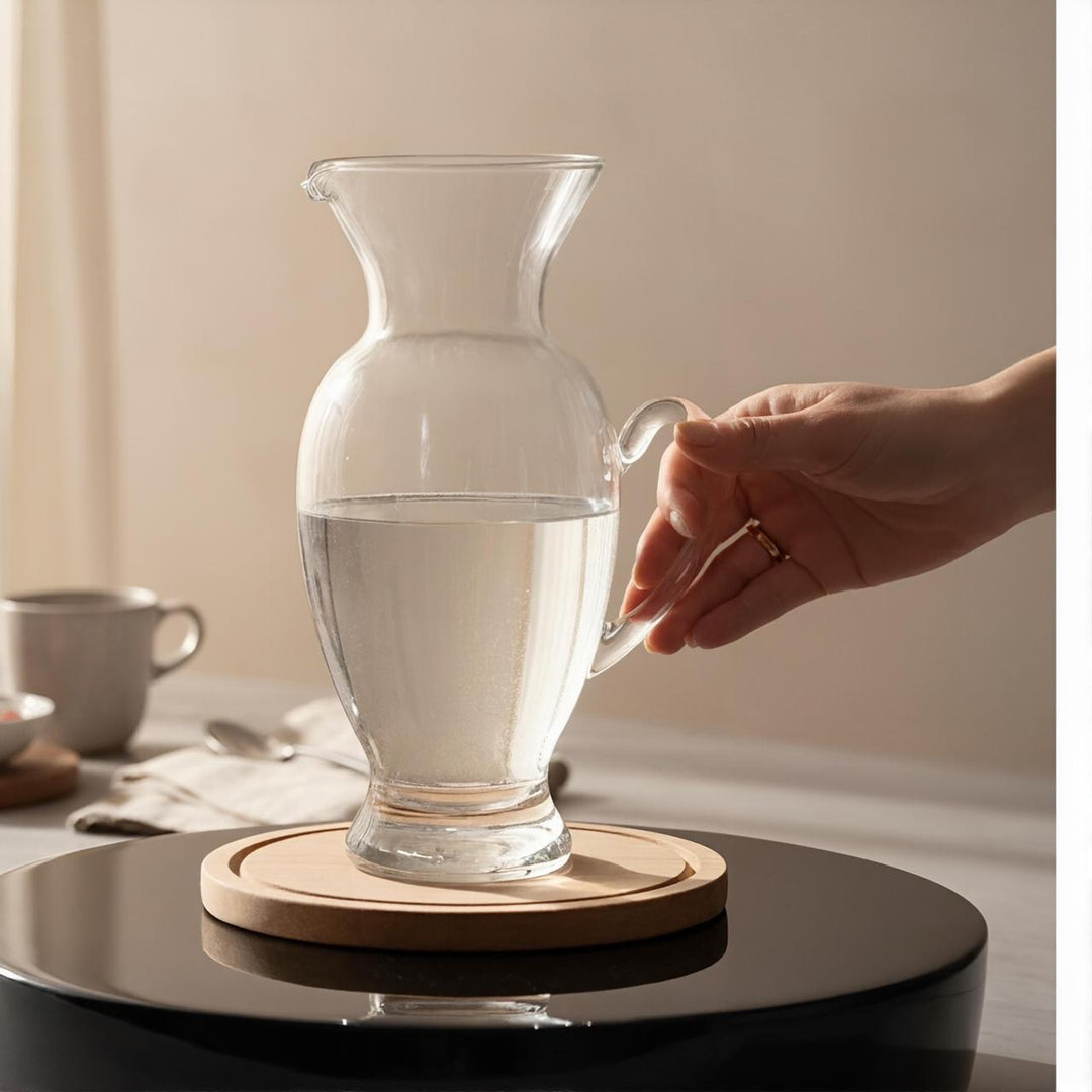 Clear glass pitcher being filled with water on a wooden coaster.