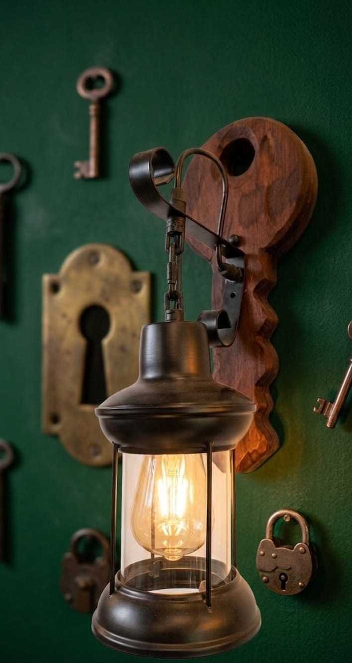 Key Shaped Wooden Wall Sconce - Rustic
