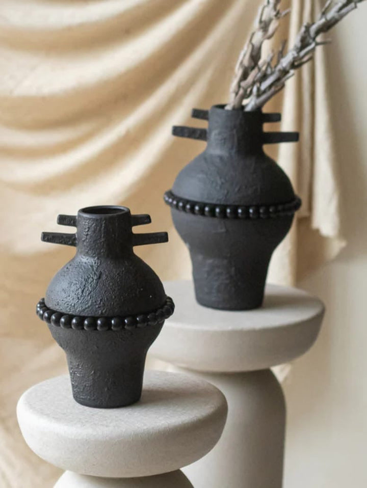 Black Textured Tribal-Inspired Vase Set of 2