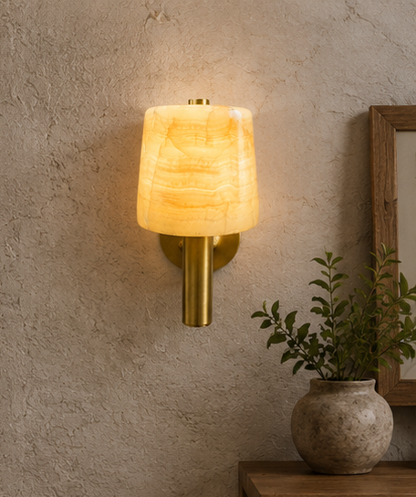 Luxury Alabaster Wall Sconce with Antique Brass Stem