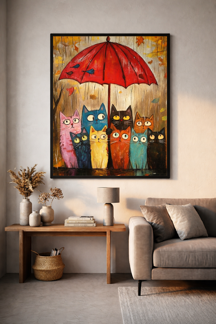 Colorful Cats Under Umbrella Framed